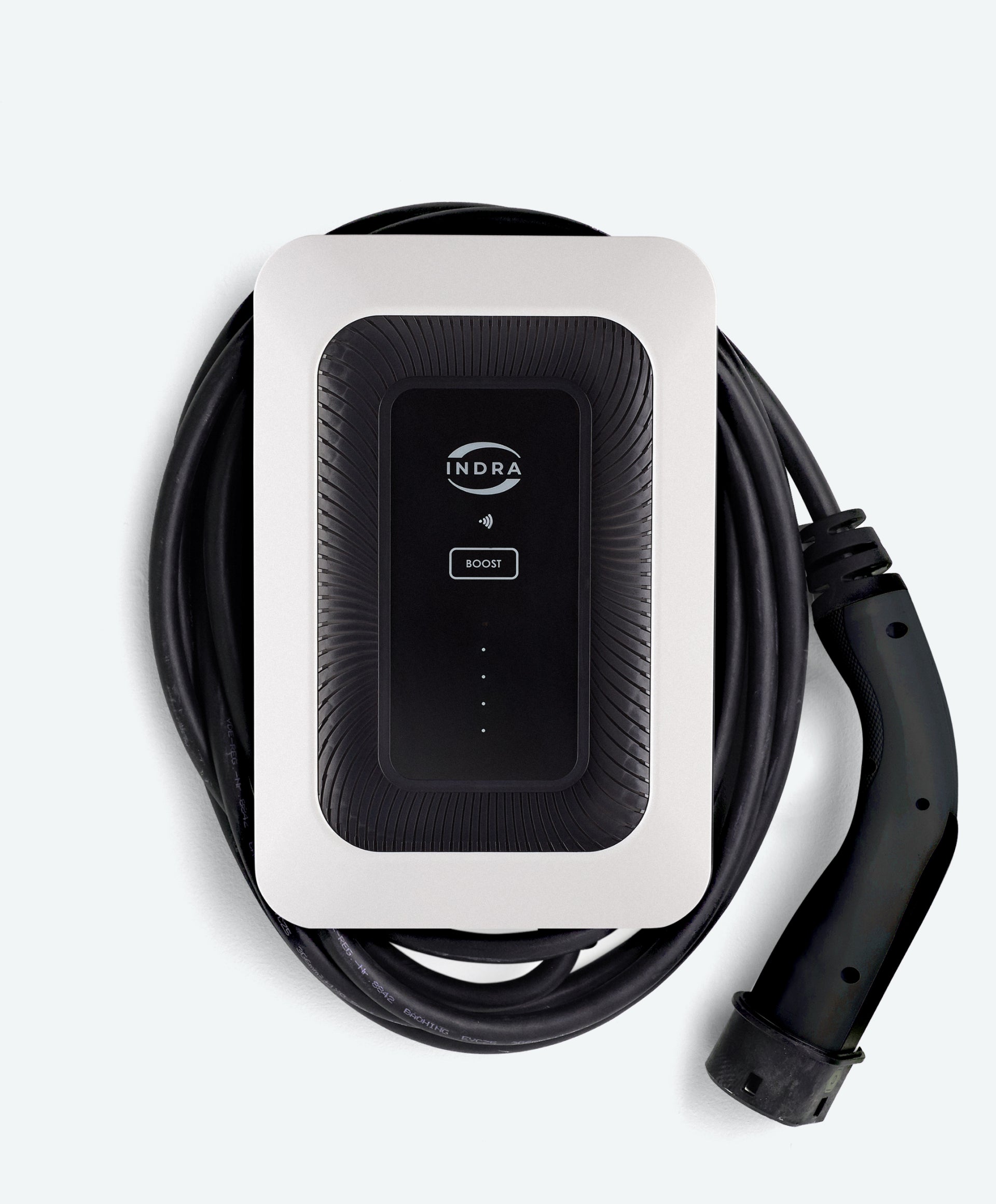 Shop the white Indra Smart LUX tethered EV charger at ON-EV and view our installation prices.